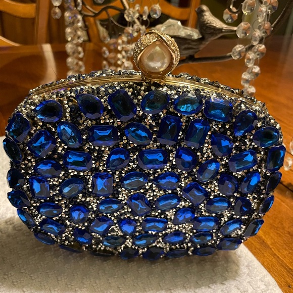 Handbags - Blue Crystal Gemstone Clutch Purse for Women With Round Pearl Clasp